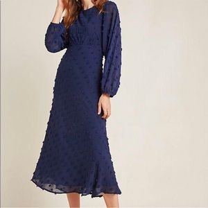 Eri + Ali Anthropologie Navy Textured Polka Dot Swiss Dot Long Dress, Size 0